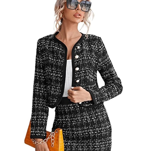 Elegant 2 Piece Tweed Set\ Womens Tweed Jacket + Mini Skirt \ Women Business Suit