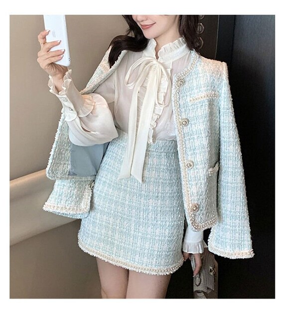 tweed jacket coat a line skirt two piece dress - Sky Blue / S  Наряды,  Твидовый пиджак, Женская рабочая одежда