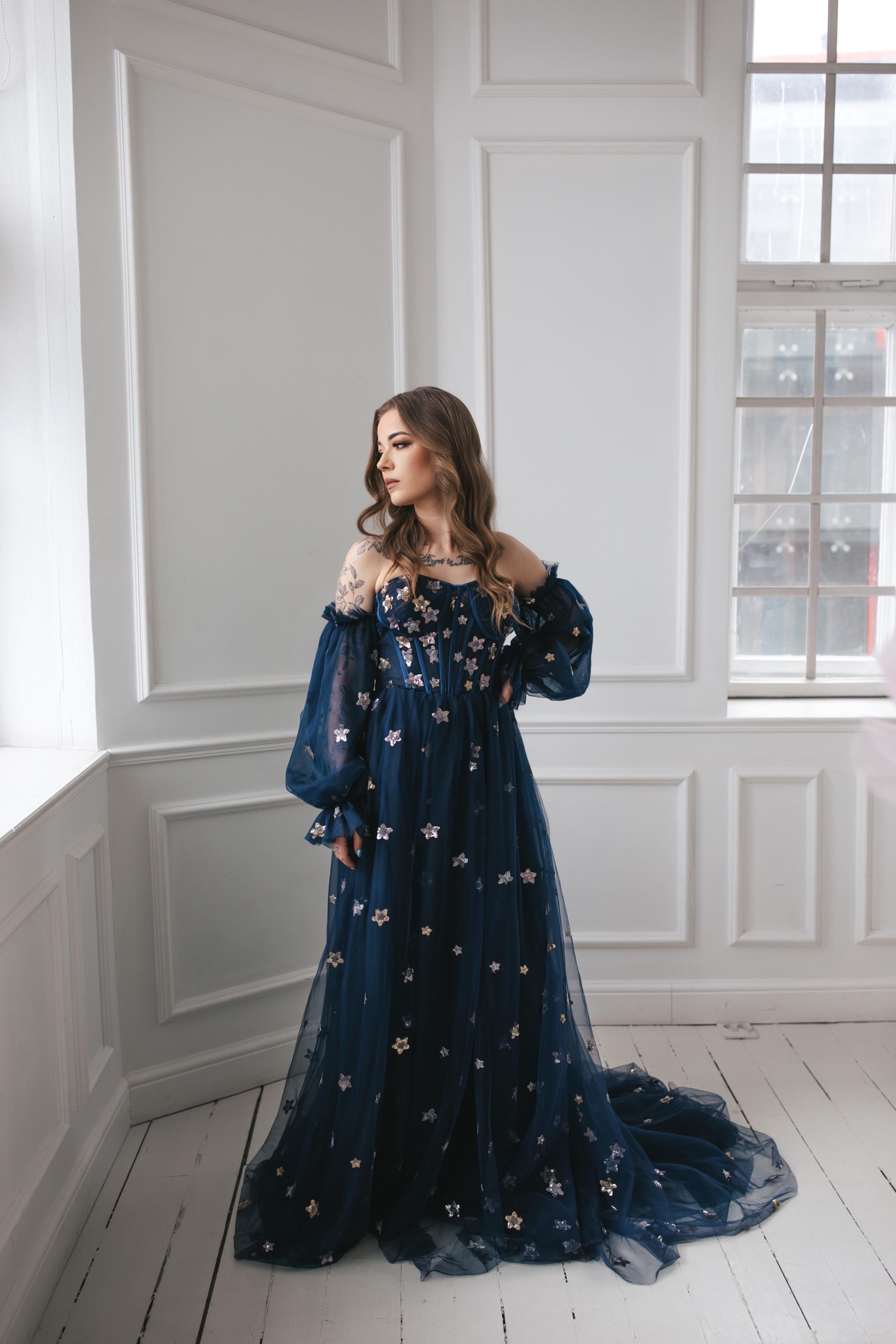 green emerald velvet dress Constellation Style Tulle Navy Starry Prom Dress
