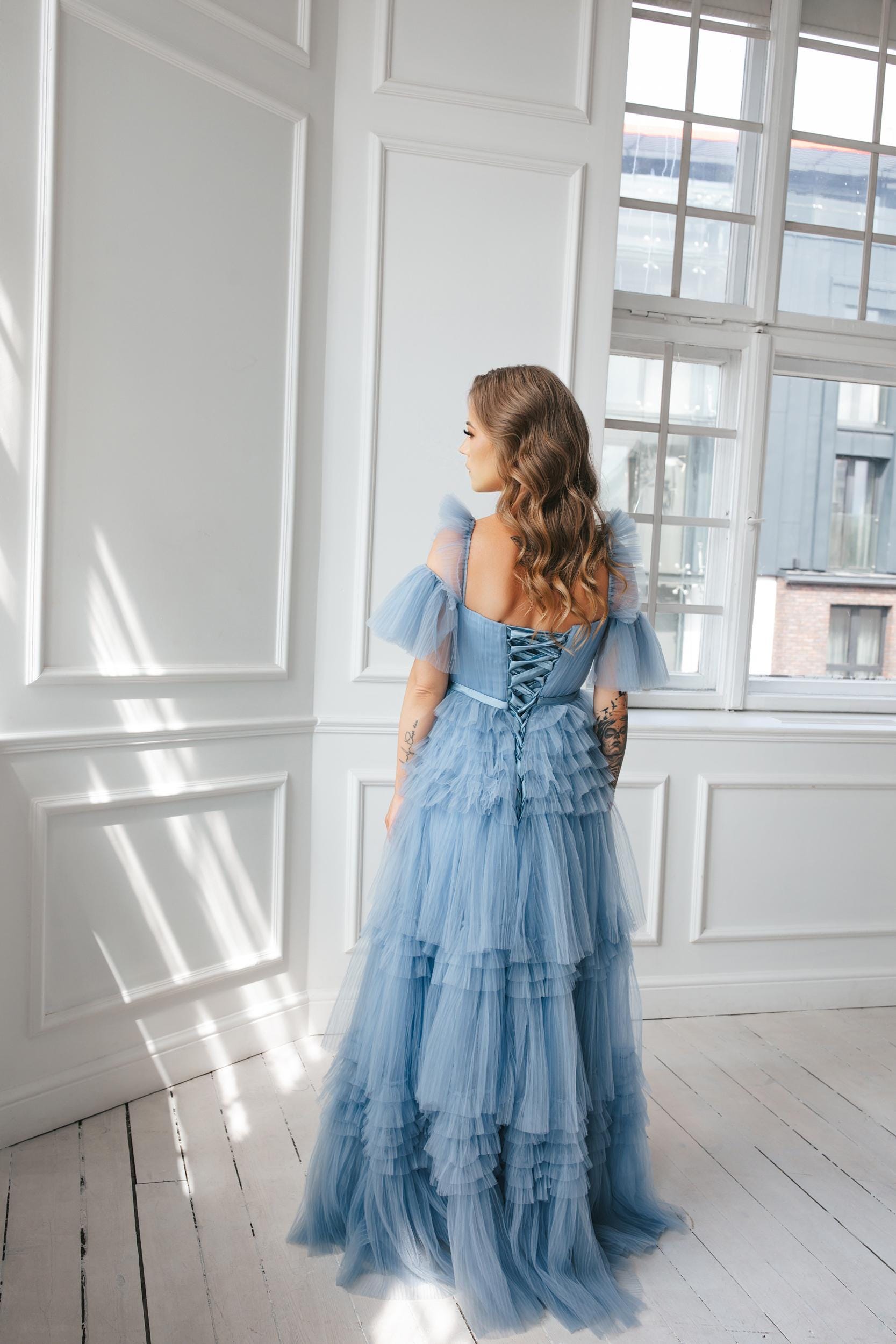 Ruffled Dusty Blue Tulle Gown