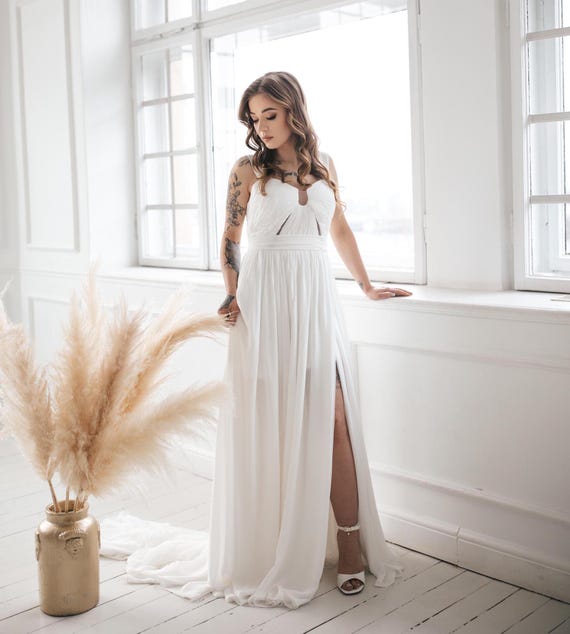 beach wedding dress etsy Beach Wedding Dress, Boho High Slit Wedding Dress, Lace Top Wedding Dress, Garden Wedding Dress