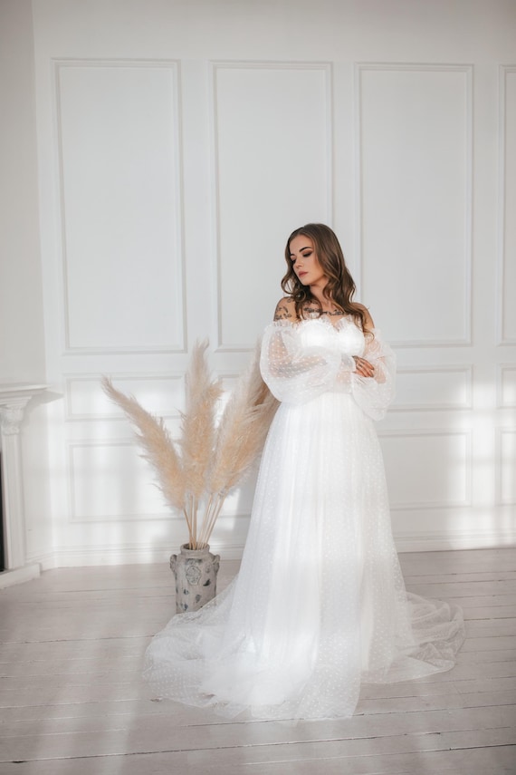 polka dot boho wedding dress Boho Polka Dot Tulle Wedding Dress with Lace and Open Back | Romantic Sheer Long Sleeve Bridal Gown Vintage Style