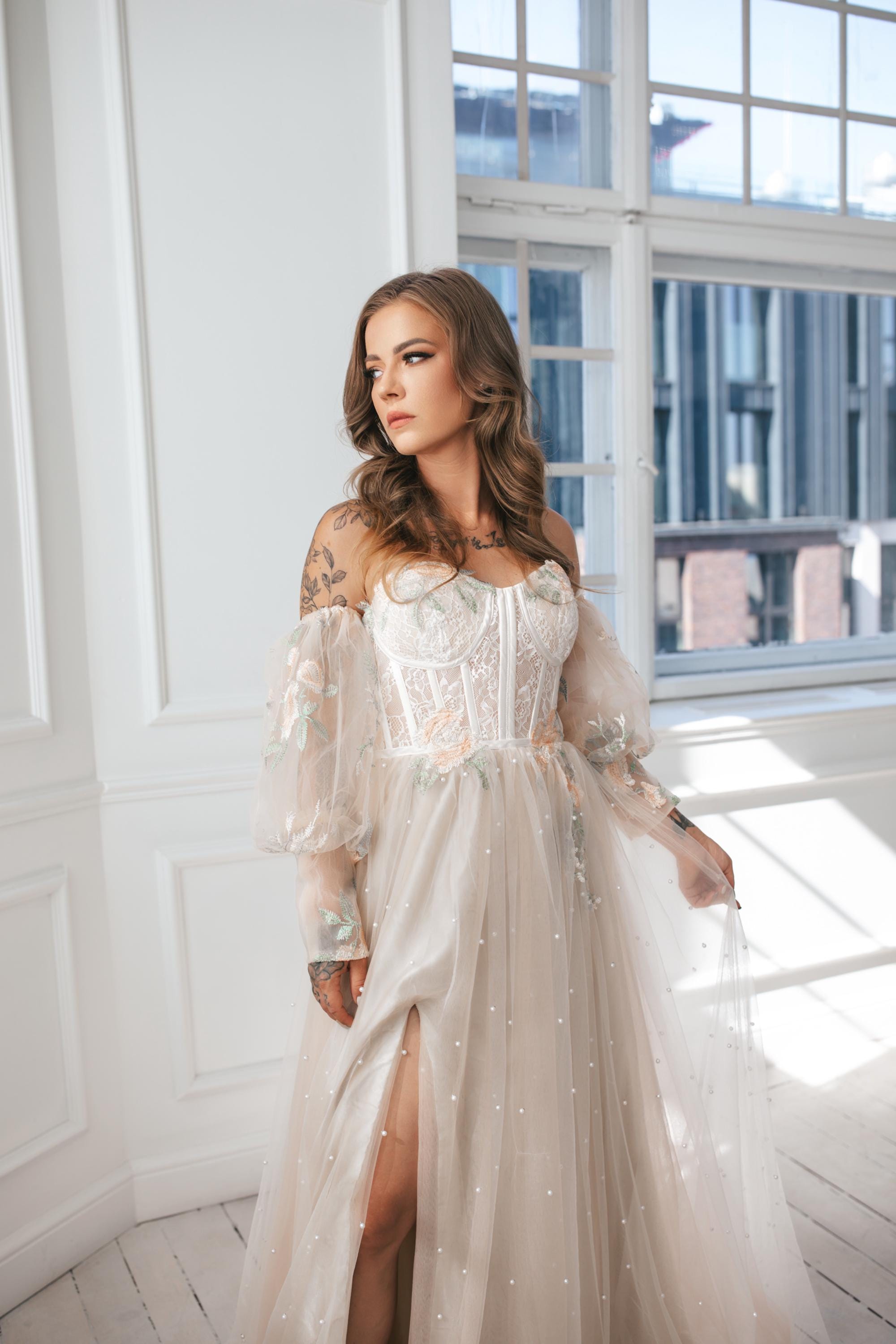 pearl champagne dress Luxury Pearls Champagne Evening Dress with Cape SS369