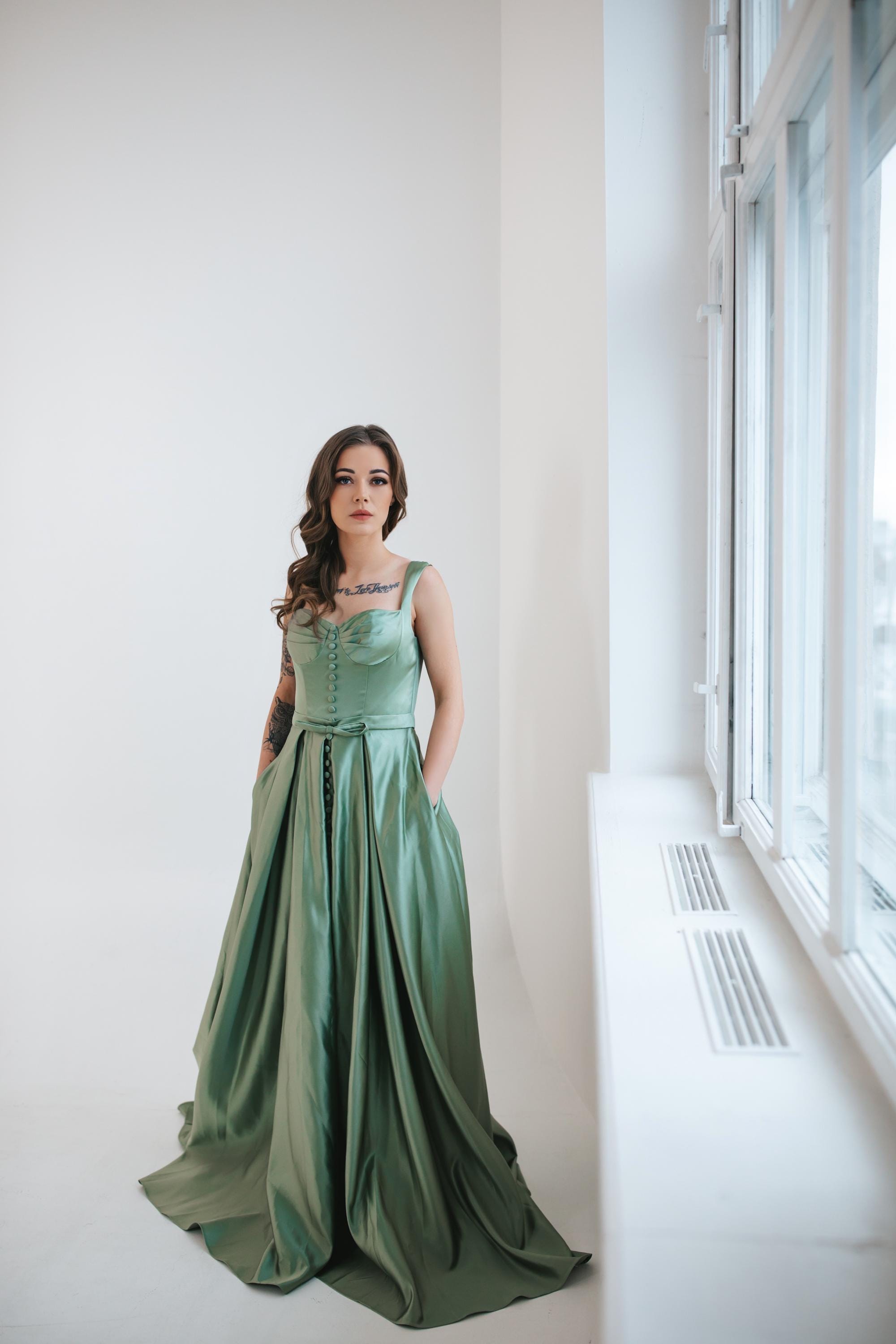 green satin button up dress Satin Button Down Wrap Midi Dress in Dark Green