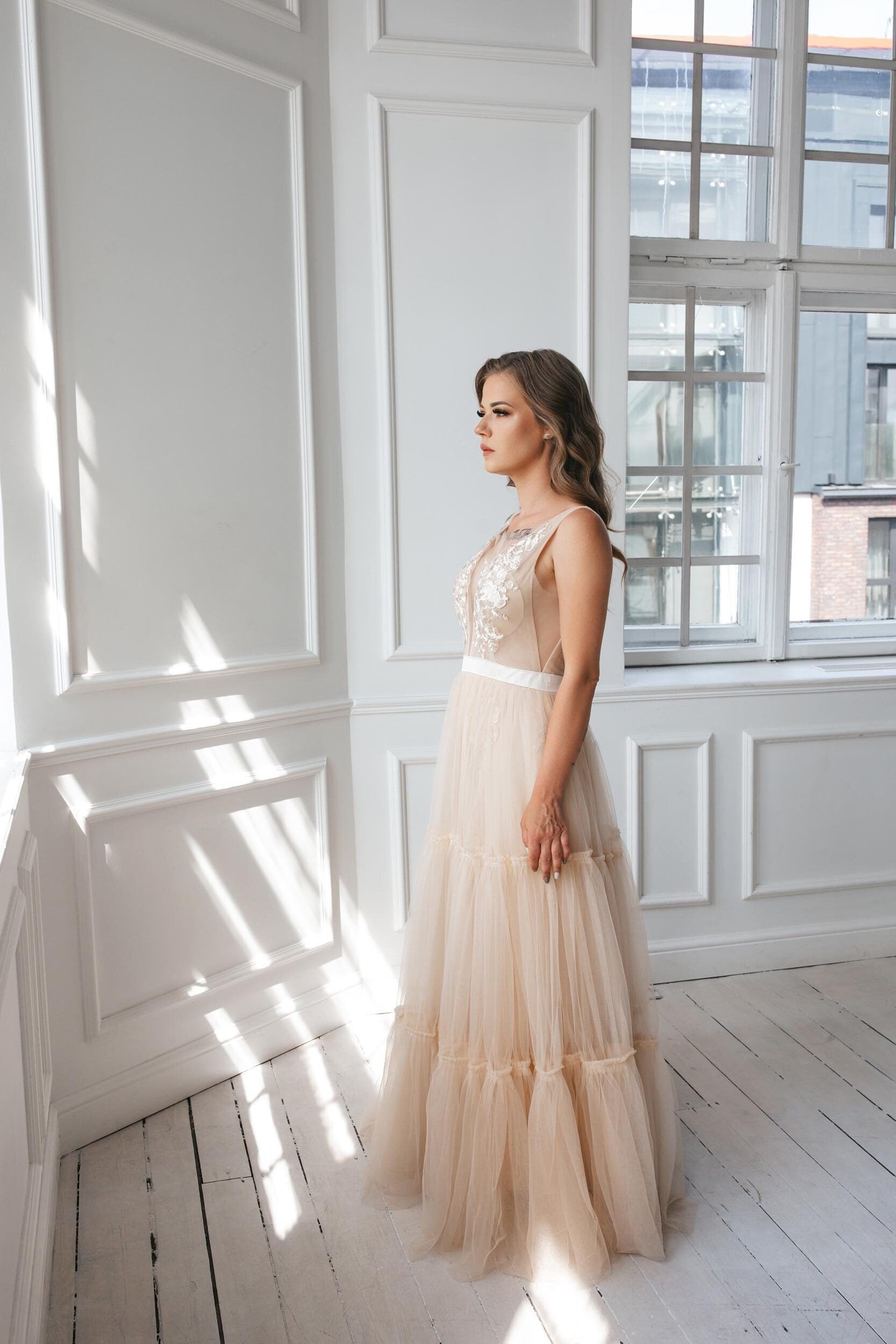 champagne boho dress Bohemian Wedding Gown dark champagne wedding dress