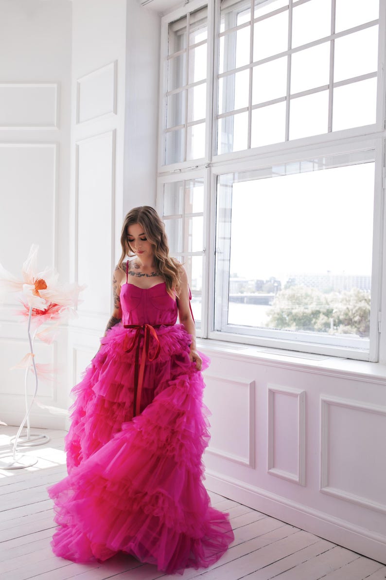 Vibrant Pink Tulle Gown With Ruffles - Etsy