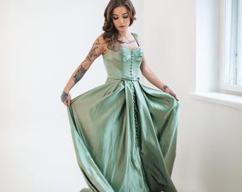 butter yellow flowy dress Forest Green Satin Shirt main image 0
