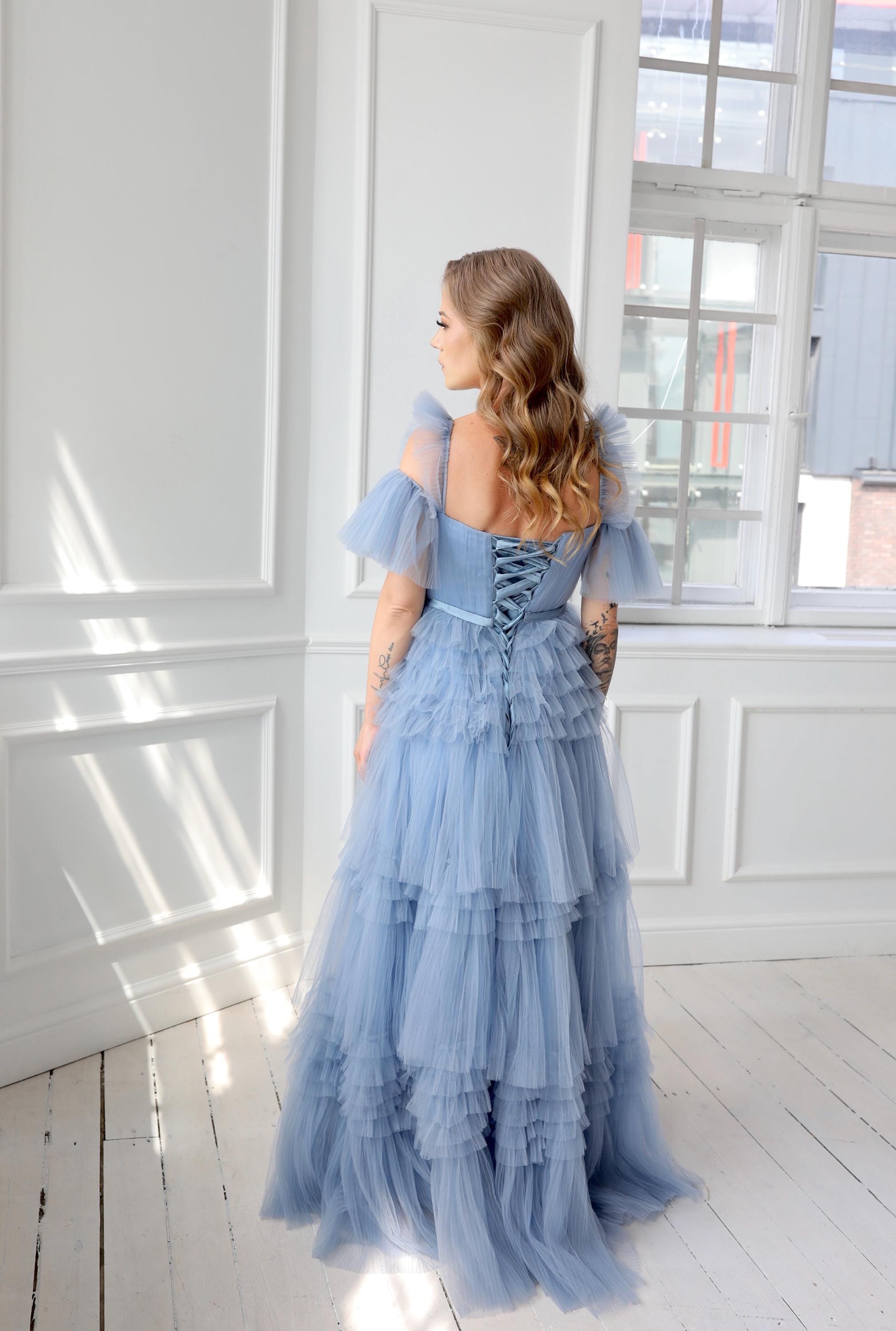 Ruffled Dusty Blue Tulle Gown
