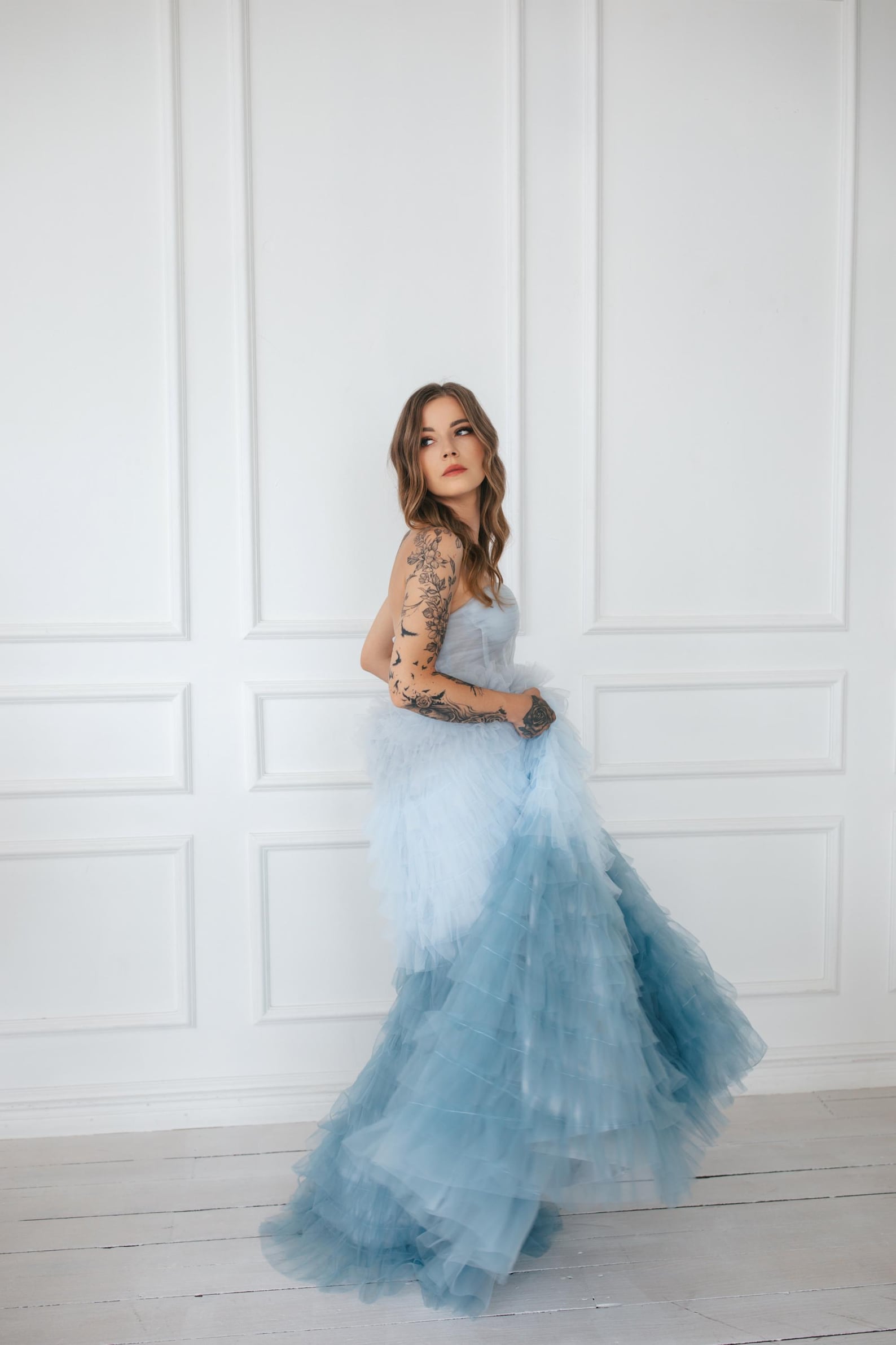 Ambre Blue Asymmetrical Cape Gathered Tulle Gown