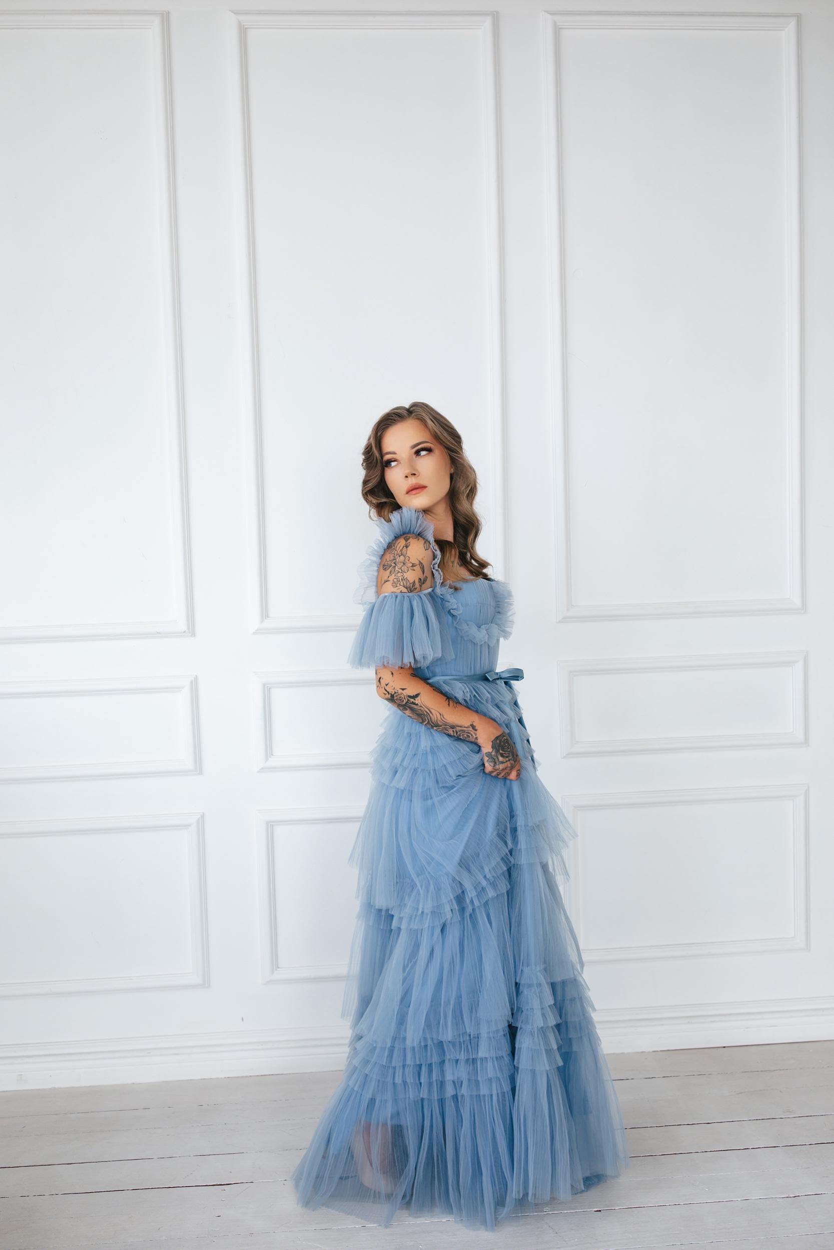 h&m blue ruffle dress Sparkly Tulle Sky Blue A-line Scoop Prom Dresses, Long Formal Dresses,  SP805 main image 0