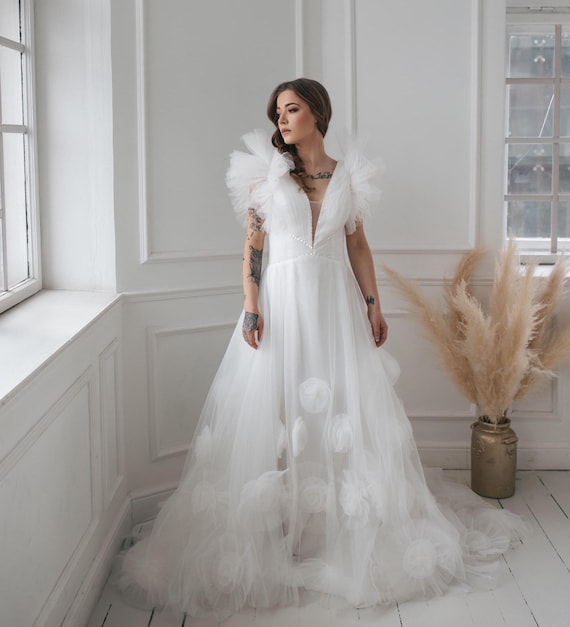 Ruffled Wedding Gown with 3D Flowers