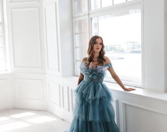 Dusty Blue Tulle Gown - Etsy