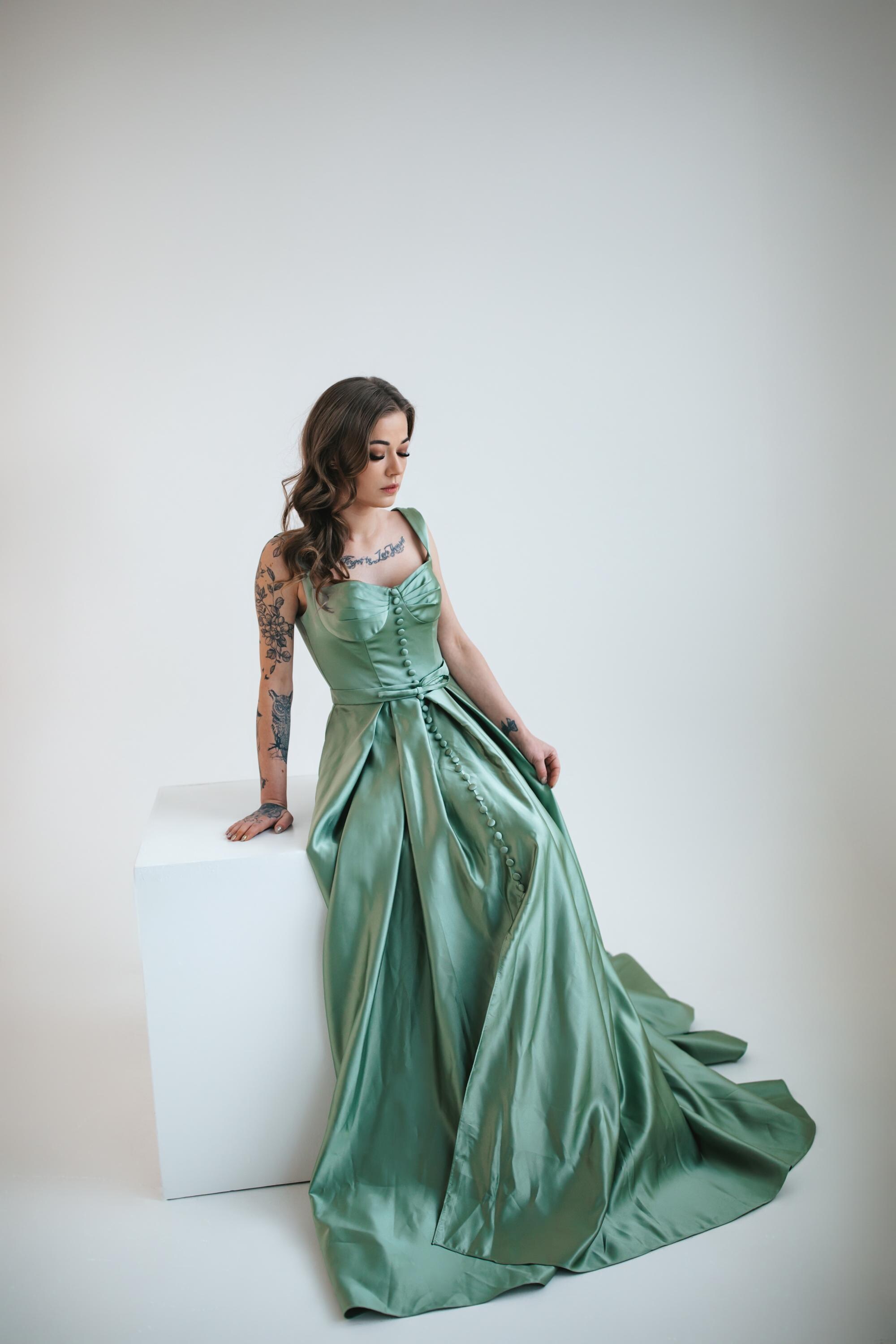 Green Satin Dress with Buttons