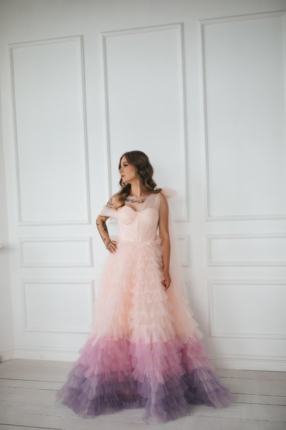ombre evening dress A-line One Shoulder Ombre Long Prom Dress Thigh Split Tulle Evening Dr –  SELINADRESS main image 0
