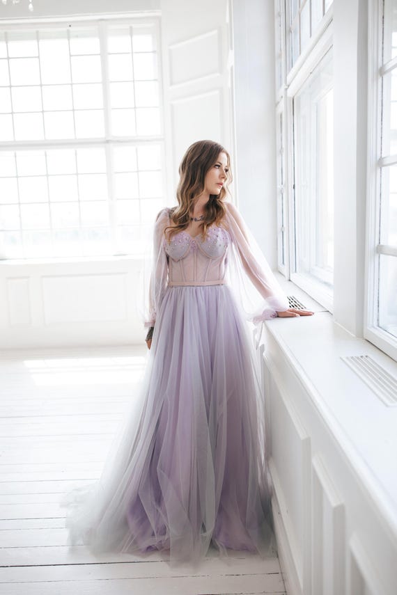 gray purple dress Grayish Purple Off-Shoulder Layered Tulle Ruffle Dress