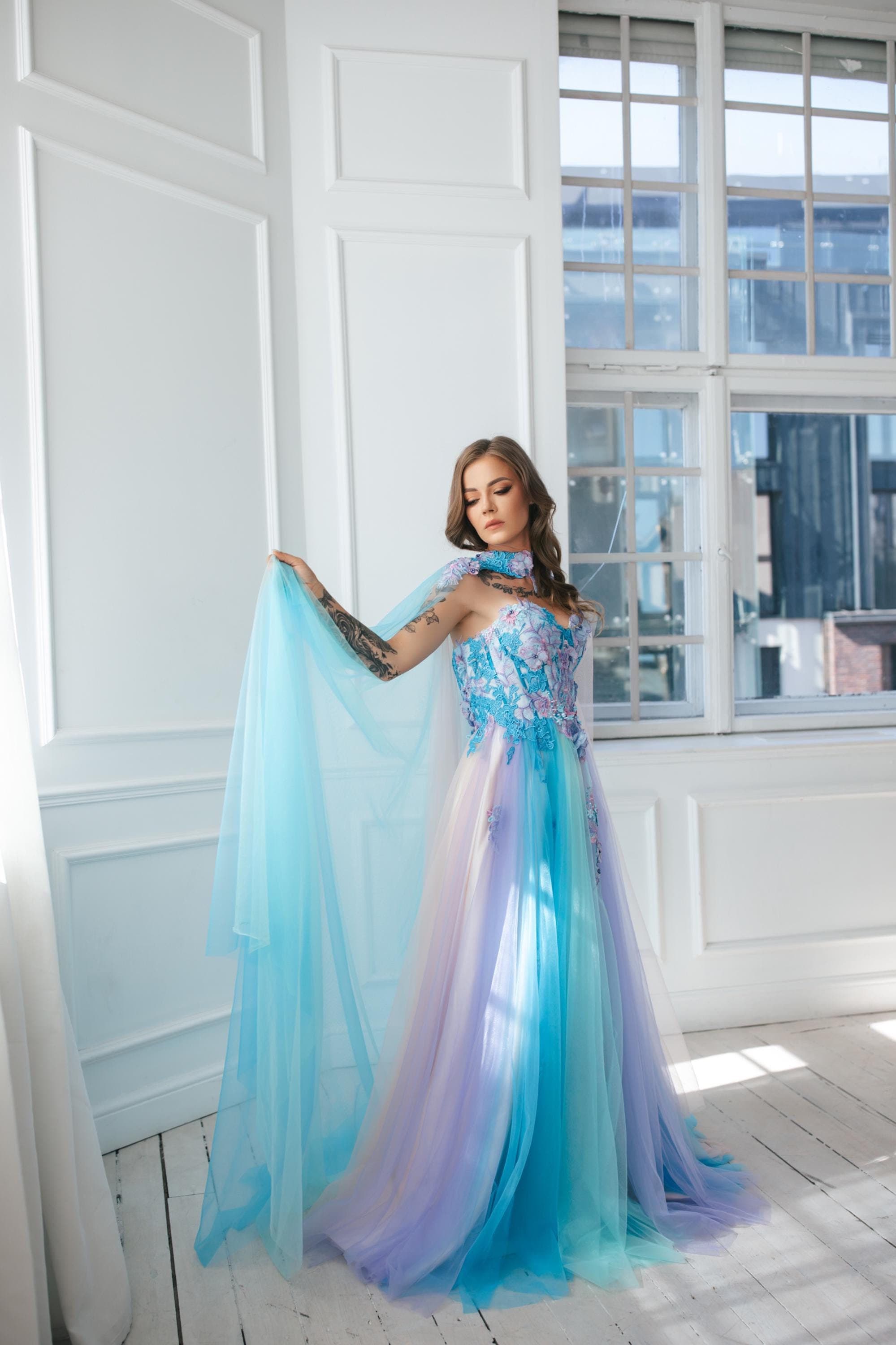 Two Piece Pink and Green Rose Fairy Gown with Train Costume