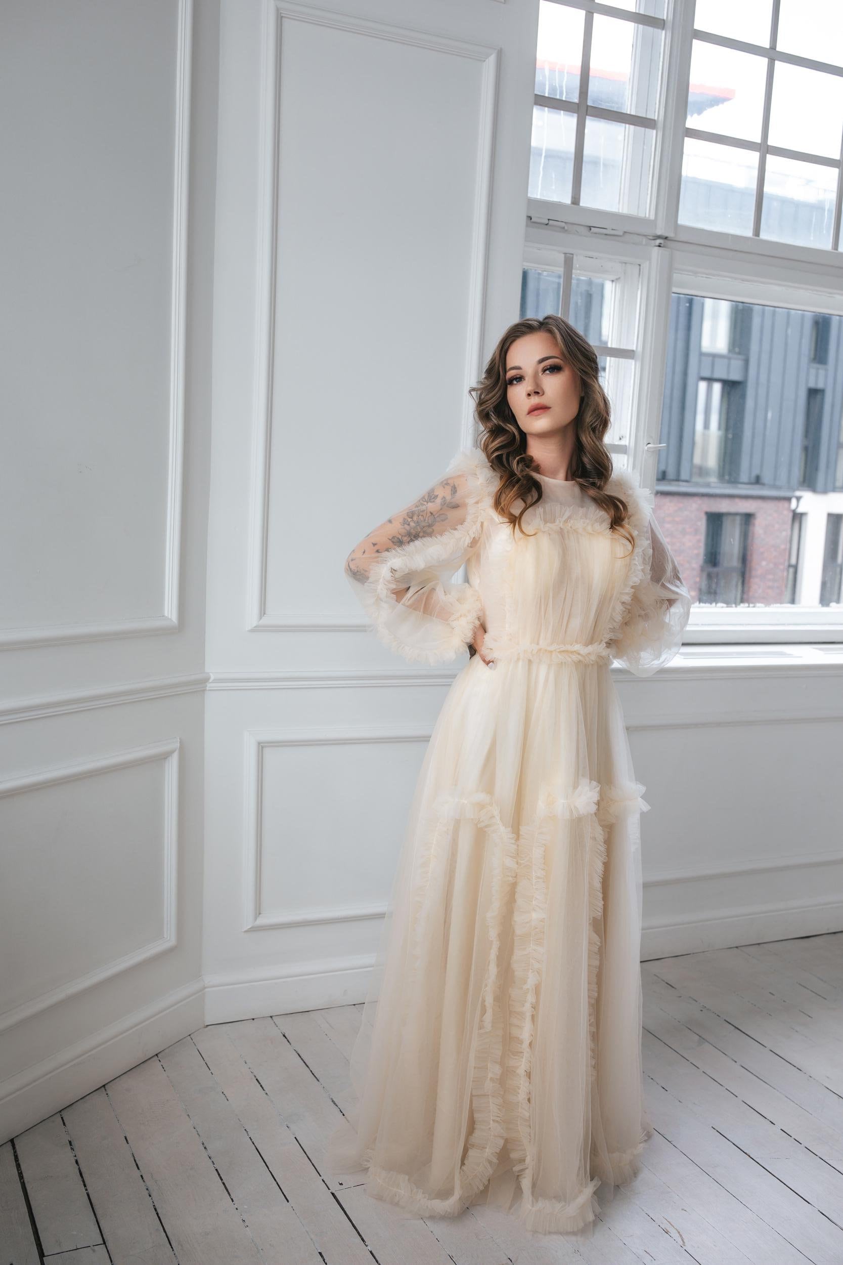 sachin and babi light blue dress Ruffled Champagne Glitter Tulle Modern Wedding Dress