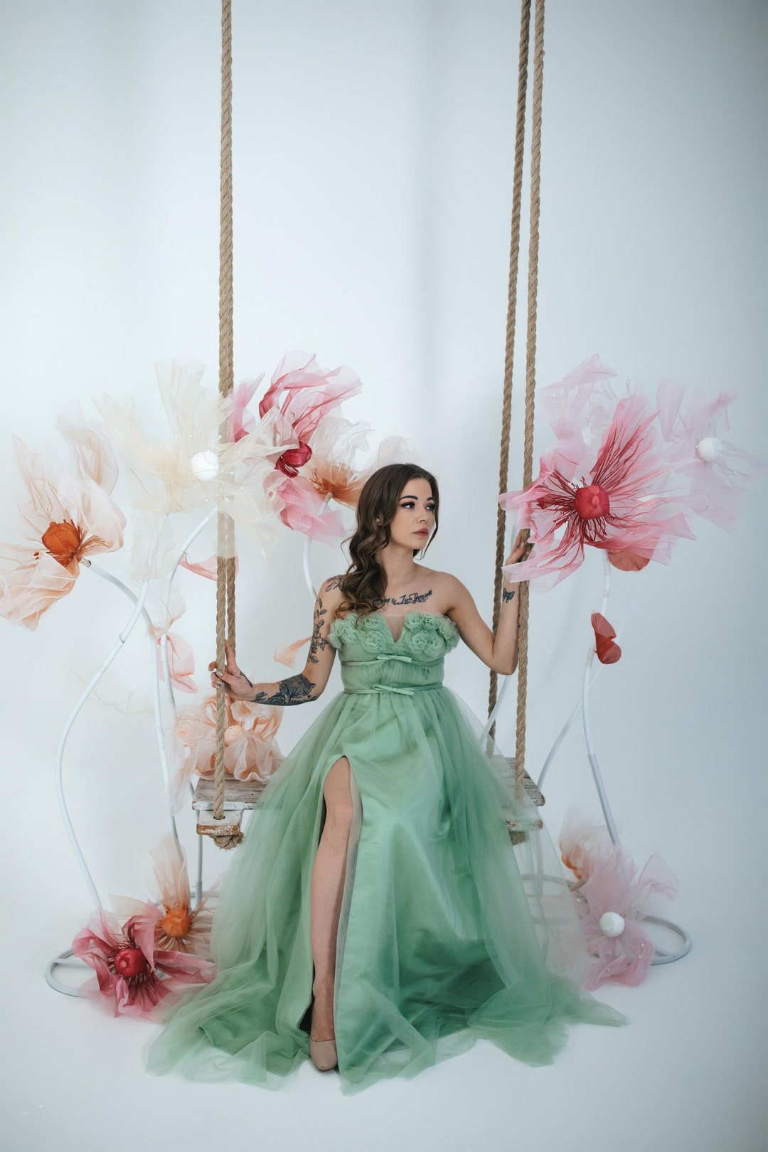 Floral Tulle Gown Dusty Green