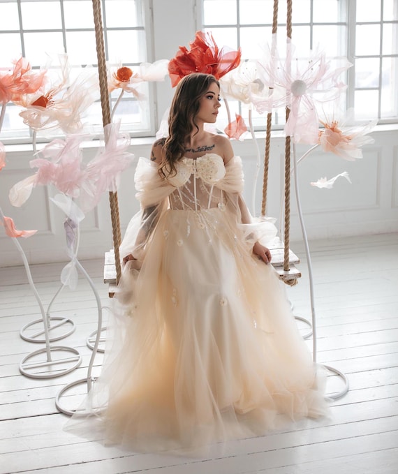 Romantic Champagne Gown With Flowers - Etsy