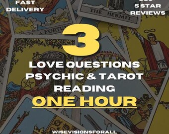 May include: A yellow number 3 on a background of tarot cards. The text reads "Love Questions Psychic & Tarot Reading One Hour".
