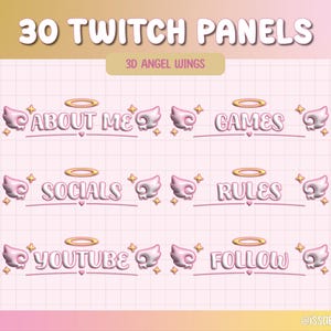 Op de afbeelding: Een set van 30 Twitch-panelen met 3D-engelen vleugels. De panelen bevatten tekst zoals "Over mij", "Spellen", "Social media", "Regels", "YouTube" en "Volgen".