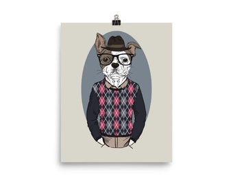 Bulldog with Glasses Wall Art Print Poster 8x10, Animals in clothes, Fashion animal, Fun wall art, Funky Wall Print