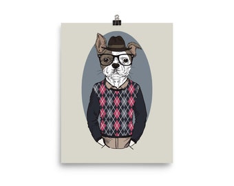 Bulldog met bril Wall Art Print Poster 8x10, Dieren in kleding, Mode dier, Leuke kunst aan de muur, Funky Wall Print