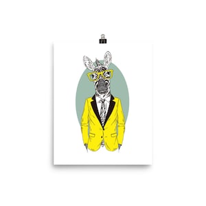 Zebra in Suit Glasses Wall Art Print 8x10, Animal in Clothes, Yellow Hip Quirky Gift Present