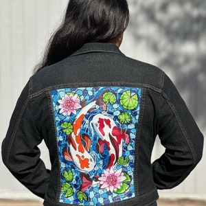 Hand Painted Mosaic Koi Pond Denim Jacket - FREE SHIPPING