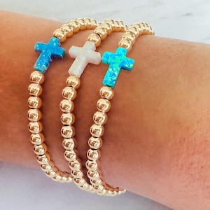 14K Gold Cross Bracelet, Stackable Stretch Jewelry, Minimalist Faith Gift for Women, Layering Bracelets, Sold Individually