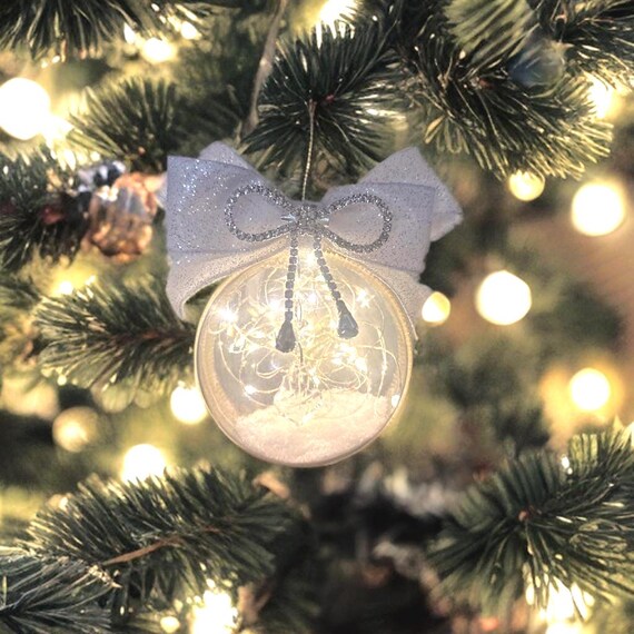Illuminated Prism Christmas Ornament: Handmade Keepsake with White Glitter Bow and Gorgeous Rhinestone Dangle Bow Brooch