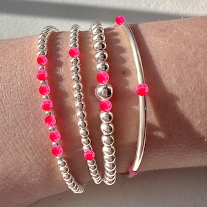 Hot Pink Opal Bracelets, 925 Sterling Silver Stretch Stacker, Layering Jewelry, Gift for Women, Sold Individually or Discounted Full Set