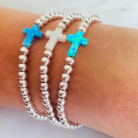 Elegant Sterling Silver Stackable Cross Stretch Bracelet - Minimalist Religious Layering Jewelry