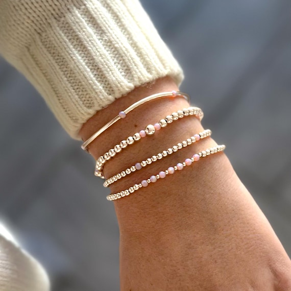 Elegant 925 Sterling Silver Pink Opal Layered Bracelet Set: Hypoallergenic Stacking Jewelry for Women