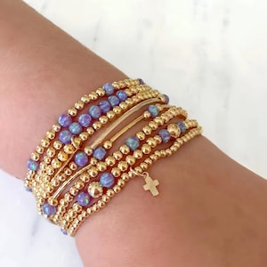 Elegant Purple Opal Beaded Stretch Bracelet Set: Gold-Filled Layered Stack for Stylish Jewelry Lovers