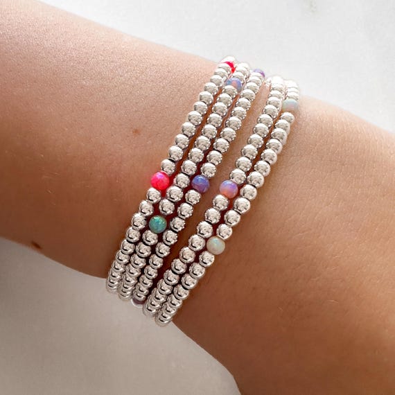 Elegant 925 Sterling Silver Bracelets with Various Colored Opal Beads: White, Pink, Hot Pink, Purple and Blue. Stacking Jewelry for Women