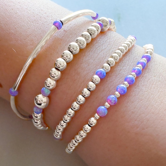 Elegant 925 Sterling Silver Purple Opal Layered Bracelet Set: Hypoallergenic Stacking Jewelry for Women