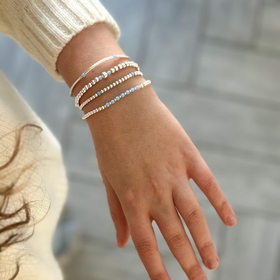 Elegant 925 Sterling Silver Blue Opal Layered Bracelet Set: Hypoallergenic Stacking Jewelry for Women