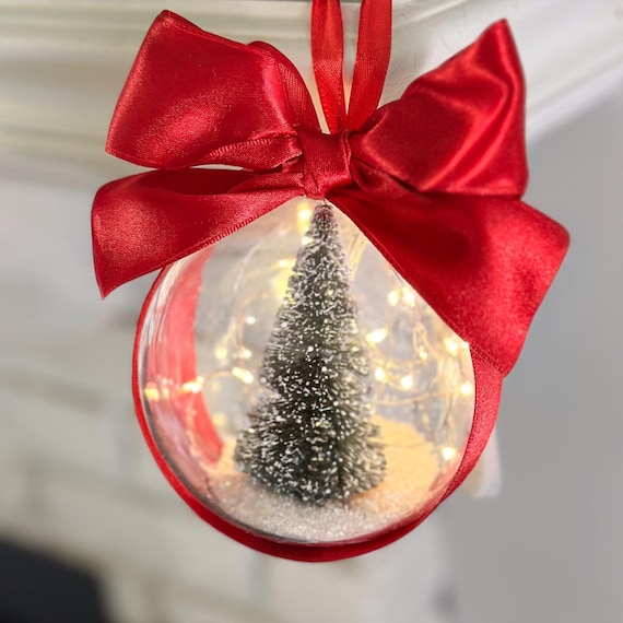 Illuminated Christmas Ornament - Large Handmade Acrylic Tree Bauble, Red Bow