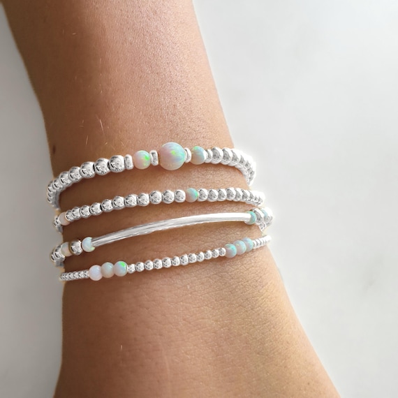 Elegant 925 Srerling Silver and White Opal Layered Bracelet Set: Hypoallergenic Stacking Jewelry for Women