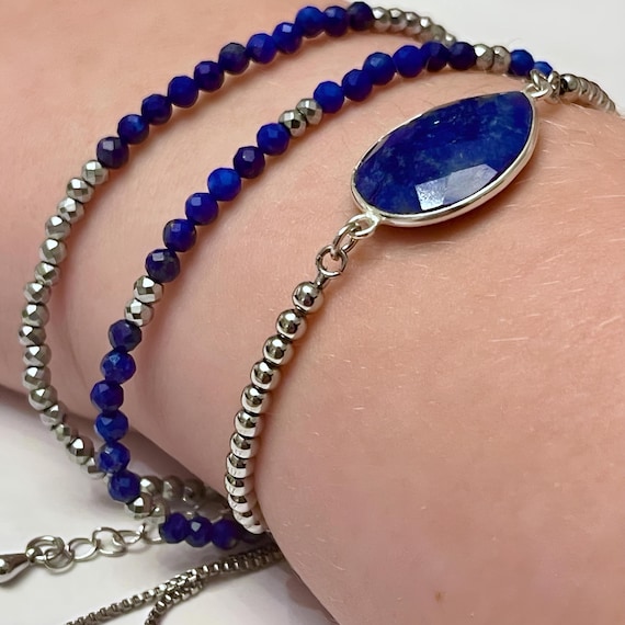 Lapis Lazuli Bracelets, Adjustable Sterling Silver Jewelry, Natural Gemstone Gift, July Birthday, Sold Individually or Discounted Full Set