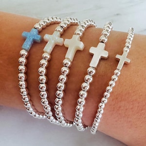 Elegant Sterling Silver Stackable Cross Stretch Bracelet - Minimalist Religious Layering Jewelry