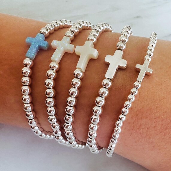 Elegant Sterling Silver Beaded Stretch Bracelets: Stackable Cross and Round Bead Bracelet for Layering