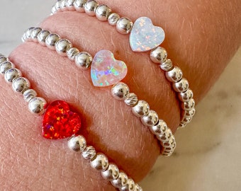 Genuine Sterling Silver Bracelets, White/Red/Pink Opal Heart Charm, Opal Beaded Bracelets, Sterling Silver Beaded Bracelets, Bracelet Silver