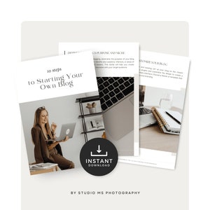 Könnte beinhalten: Ein Bild eines digitalen Produkts mit dem Titel "10 steps to Starting Your Own Blog". Das Bild zeigt eine Frau, die einen Laptop benutzt, mit anderen Seiten, die Blog-Inhalte anzeigen. Ein schwarzer Kreis mit "Instant Download" ist ebenfalls sichtbar.