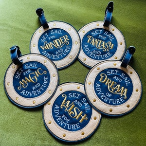 Mouse Boat Cruise Embroidered Luggage Tags - choice of 7 designs. Magic, Fantasy, Dream, Wonder, Wish, Treasure, Adventure. Fish Extender.