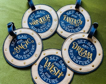 Mouse Boat Cruise Embroidered Luggage Tags - choice of 7 designs. Magic, Fantasy, Dream, Wonder, Wish, Treasure, Adventure. Fish Extender.