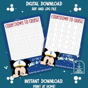 Capitán Mickey Cuenta regresiva para el crucero. 100 días para el crucero 30 días para el crucero Páginas para colorear, perfectas para revelar un viaje Descarga digital en PDF