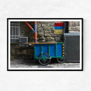 Blue and Green Jerusalem Cart on an Old City Street | Photo Print | Wall Art | Home Decor | Poster | Holy Land Gifts | Urban Photography