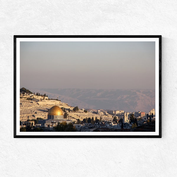 Collines de la vieille ville de Jérusalem et de la Jordanie avec le Dôme du Rocher | Impression photo | Art mural | Décoration intérieure | Affiche | Cadeaux de Terre Sainte